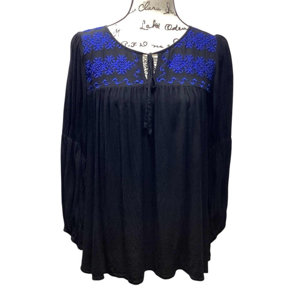 Andree Blue contrast embroidered peasant blouse Black with royal blue details M
